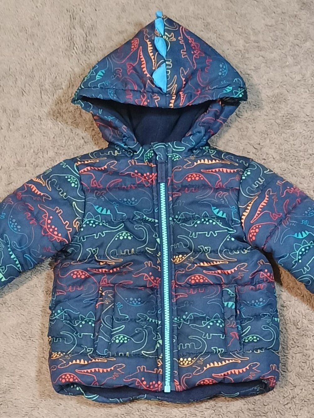 Little Me/Puffer Jacket/Boys 18M Navy Dinosaur Hooded Spikes Winter Coat Cute